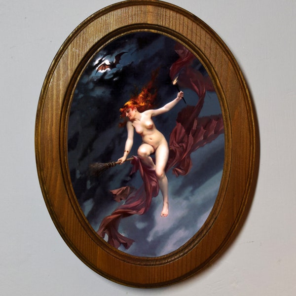 Light Oak Oval Wooden Framed Picture, Luis Ricardo Falero The Witches Sabbath, Art Print, Wall Hanging Home Decor Antique Vintage Style