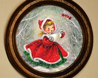Handmade Wooden Framed Picture Christmas Decoration Girl Singing With Robins Light Oak Picture Frame