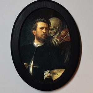 Black Oval Wooden Framed Picture, Arnold Boecklin fiedelnder Tod, Self-Portrait with Death Playing the Fiddle, Spooky Gothic Art  Print,