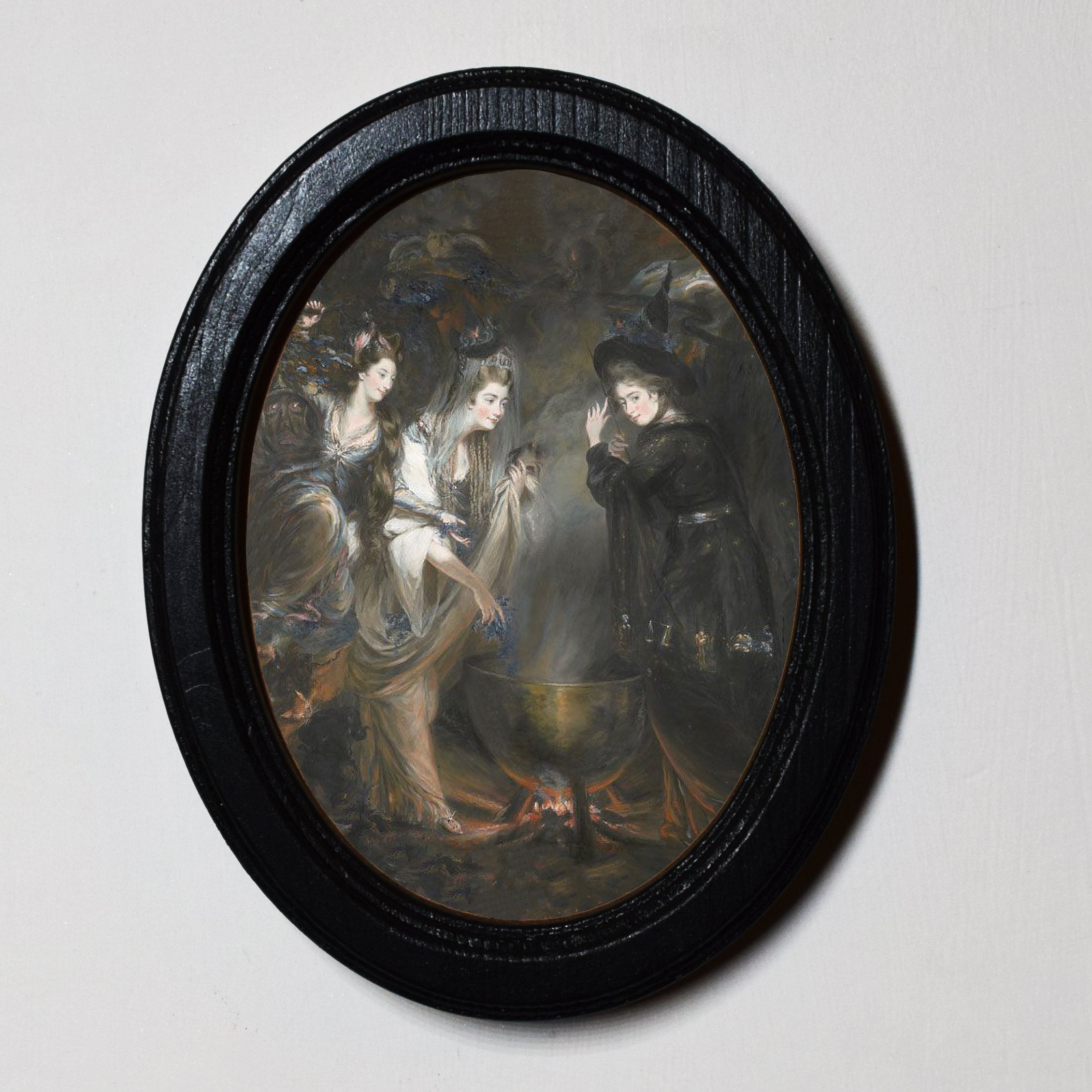 Halloween Black Oval Wooden 6 x 4 Framed Picture, Gothic Print, Witchy Wall Hanging, Free Standing, Daniel Gardner, Three Witches, Macbeth.