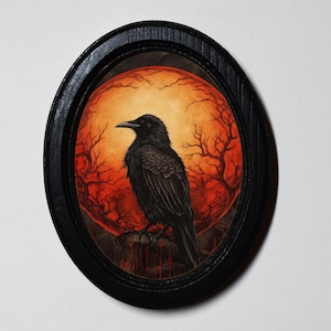 Halloween Black Oval Wooden Framed Picture, 3 x 4 Gothic Print, Witchy Wall Hanging, Raven In Full Moon.