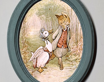 Quadro ovale con cornice in legno di Beatrix Potter per la cameretta dei bambini, da appendere alla parete, decorazione per la casa, Jemima con Foxy.