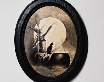 Halloween Black Oval Wooden Framed Picture, Gothic Print, Witchy Wall Hanging, Majestic Witch.
