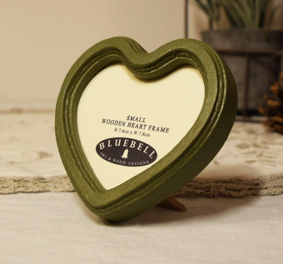 Olive Green Heart Shaped Handmade Wooden Photo, Cross Stitch