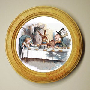 Alice In Wonderland Art Print Illustration, Mad Hatters Tea Party, Handmade Wooden Wall Hanging, Pine Picture Frame