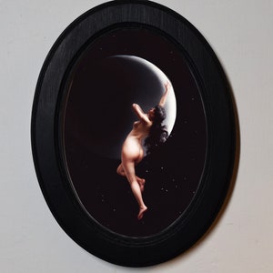 Black Oval Wooden Framed Picture, Luis Ricardo Falero Moon Nymph Art Print, Wall Hanging Home Decor Antique Vintage Style