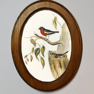 Light Oak Oval Wooden Framed Picture, Two Robins Bird Nature Wildlife Woodland Art Print, Wall Hanging Home Decor Antique Vintage Style 6x4