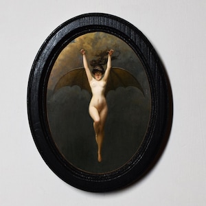 Albert Joseph Penot, femme chauve-souris, impression gothique, cadre en bois ovale noir