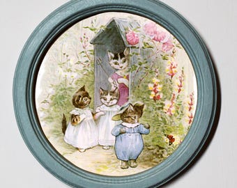 Lámina de Beatrix Potter con el gatito Tom, marco redondo de madera, decoración de pared para habitación infantil