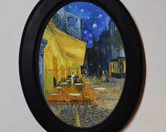 Black Oval Wooden 4x6 Inch Framed Picture, Vincent Van Gogh 'Cafe Terrace at Night', Art Print Wall Hanging Home Decor Antique Vintage Style