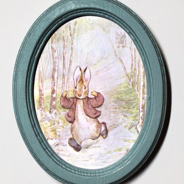 Beatrix Potter Oval Wooden Framed Art Print Nursery Picture Wall Hanging Home Decor Plaque Benjamin Bunny Running Illustration Duck Egg