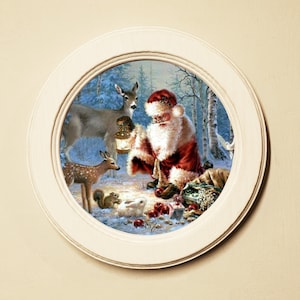 Ivory Round Wooden Framed Santa &#39;Christmas In The Woods&#39; 4x4 Festive Art Print