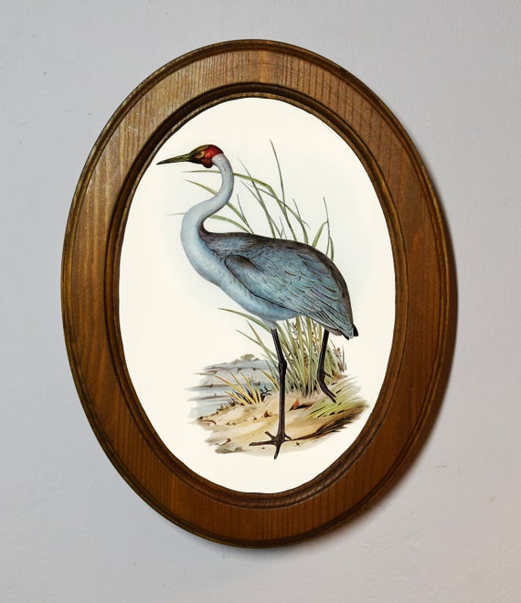 Handmade Oak Framed Australian Crane Print, Vintage Style Wall Decor