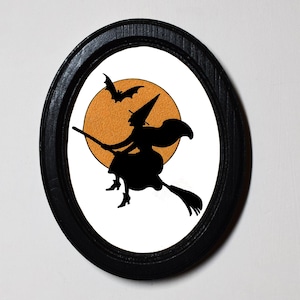 Halloween Black Oval Wooden Framed Picture, 3 x 4 Gothic Print, Witchy Wall Hanging, Witch Flying with Bat.