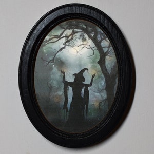 Halloween Black Oval Wooden 3&quot;x4&quot;, 4&quot;x6&quot; Inch Framed Picture, Gothic Print, Witchy Wall Hanging, Spooky Wood