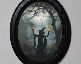 Halloween Black Oval Wooden 3&quot;x4&quot;, 4&quot;x6&quot; Inch Framed Picture, Gothic Print, Witchy Wall Hanging, Spooky Wood