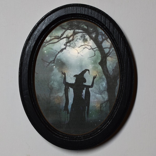 Quadro de bruxa de Halloween, moldura oval de madeira preta, decoração de parede gótica