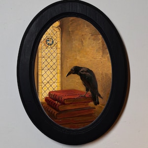 Black Oval Wooden Framed Picture, Briton Riviere Jackdaw of Rheims, Art Print, Wall Hanging Home Decor Antique Vintage Style image 1