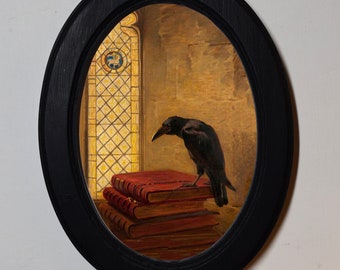 Schwarzes ovales Bild mit Holzrahmen, Briton Riviere Jackdaw of Rheims, Kunstdruck, Wandbehang, Heimdekoration, antiker Vintage-Stil