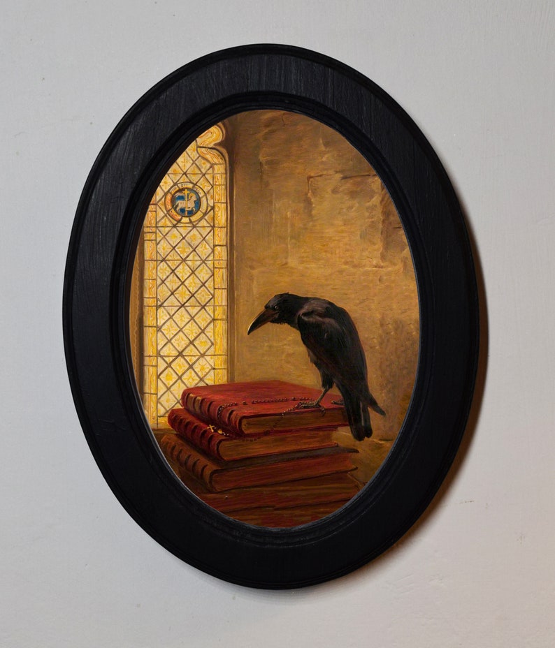 Black Oval Wooden Framed Picture, Briton Riviere Jackdaw of Rheims, Art Print, Wall Hanging Home Decor Antique Vintage Style image 1