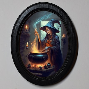 Halloween Black Oval Wooden Framed Picture, Gothic Print, Witchy Wall Hanging, Witches Brew.