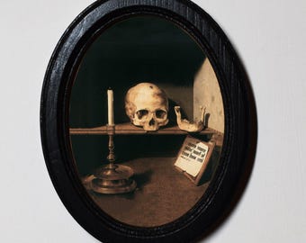 Halloween Black Oval Wooden Framed Picture, 3 x 4 Gothic Print, Witchy Wall Hanging, Bartholomäus Bruyn Skull And Candle.