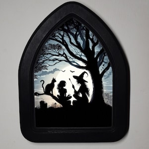 Halloween Black Gothic Arch Wooden Framed Picture, , Gothic Print, Witchy Wall Hanging, Witch, Girl And Cat By Tree.