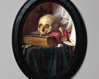 Cuadro ovalado negro con marco de madera, estilo gótico, calavera y libro, para colgar en la pared. Lámina artística de Halloween.