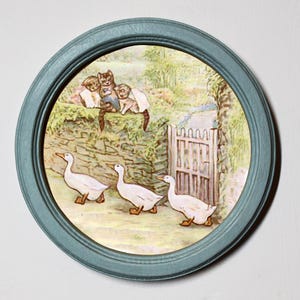 Beatrix Potter Tom Kitten Round Wooden Framed Art Print Nursery Picture Wall Hanging  Tom Moppet and Mittens Meet the Ducks Illustration