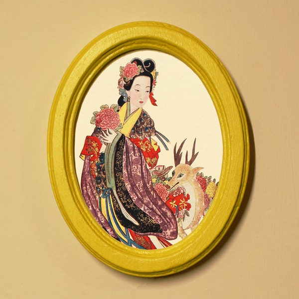 Japanese Woman With Deer Yellow Oval Wooden Framed Picture Oriental Eastern Art Asian Colour Print Colourful Home Decor Wall Hanging