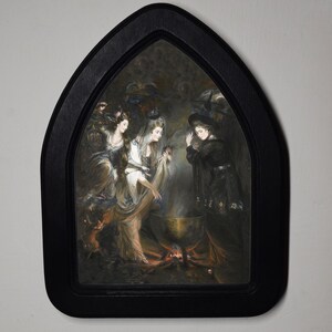 Halloween Black Gothic Arch Wooden Framed Picture, Gothic Print, Witchy Wall Hanging, Three Witches.