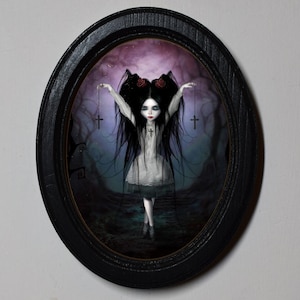 Halloween Black Oval Wooden Framed Picture Wall Hanging Spooky Print, Gothic Image, Witchery, Gothic Girl.