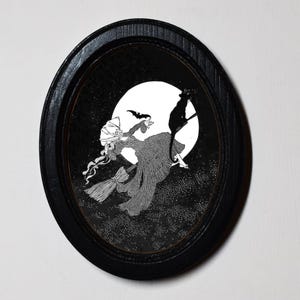 Halloween Black Oval Wooden Framed Picture, 3 x 4 Gothic Print, Witchy Wall Hanging, Witch Of The Elders.