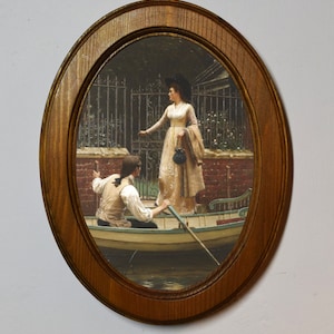 Light Oak Oval Wooden Framed Picture, Edmund Blair Leighton The Elopement, Art Print, Wall Hanging Home Decor Antique Vintage Style