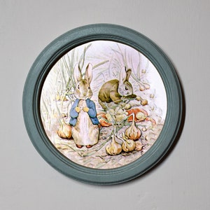 Beatrix Potter Round Wooden Framed Art Print Nursery Picture Wall Hanging Plaque Peter Rabbit and Benjamin Bunny Illustration