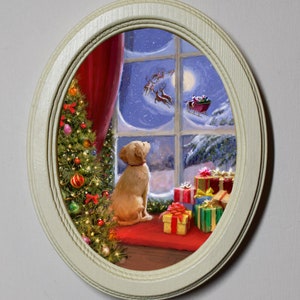 Oval Ivory Wooden Framed Picture, Wall Hanging, Home Decor, Christmas Picture, Puppy Watching Santa.