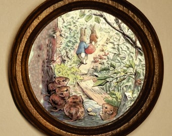 Ilustración artística de Beatrix Potter, cuadro de madera para colgar en la pared, hecho a mano, con marco de roble claro, Benjamin y Peter Rabbit regresan a casa.