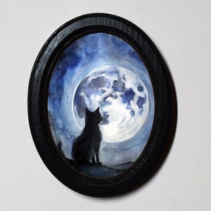 Halloween Black Oval Wooden Framed Picture, Gothic, Cat Watching Full Moon, Witchy Wall Hanging, Table Top, 3x4, 4x6, 5x7