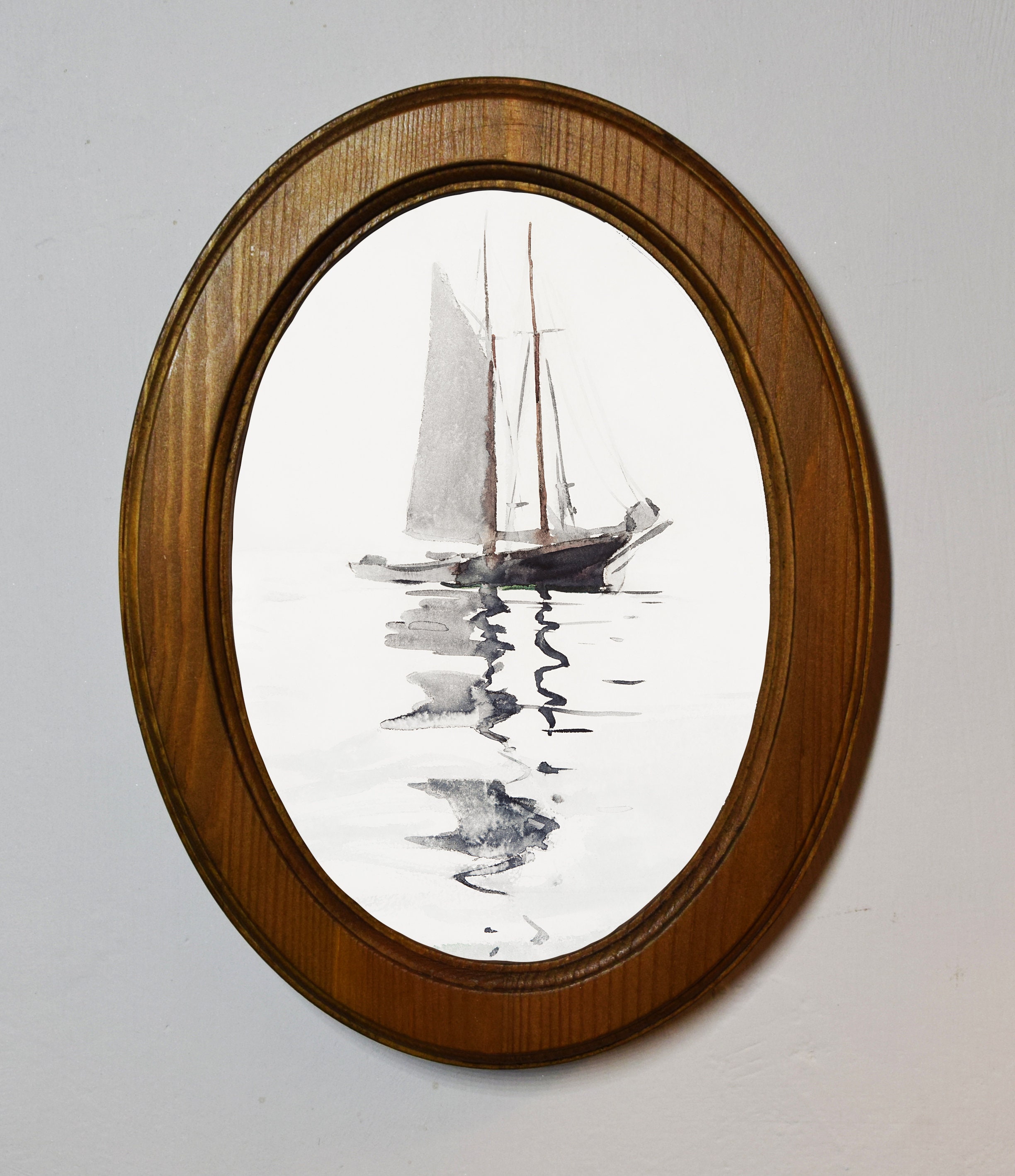 ライトオークオーバル木製フレーム絵画「2本マストのスクーナー船と