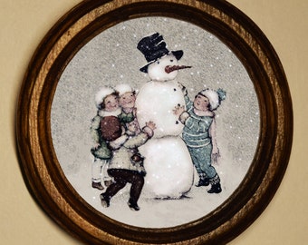 Handmade Wooden Wall Hanging Christmas Decoration Snowman With Children Light Oak Picture Frame