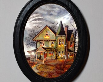 Halloween Black Oval Wooden 3 x 4 Inch Framed Picture Wall Hanging Gothic Creepy House
