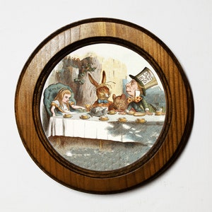 Handmade Alice in Wonderland Round Framed Picture, Art Print Illustration, Light Oak Nursery picture, Wall Hanging, Mad Hatters Tea Party.