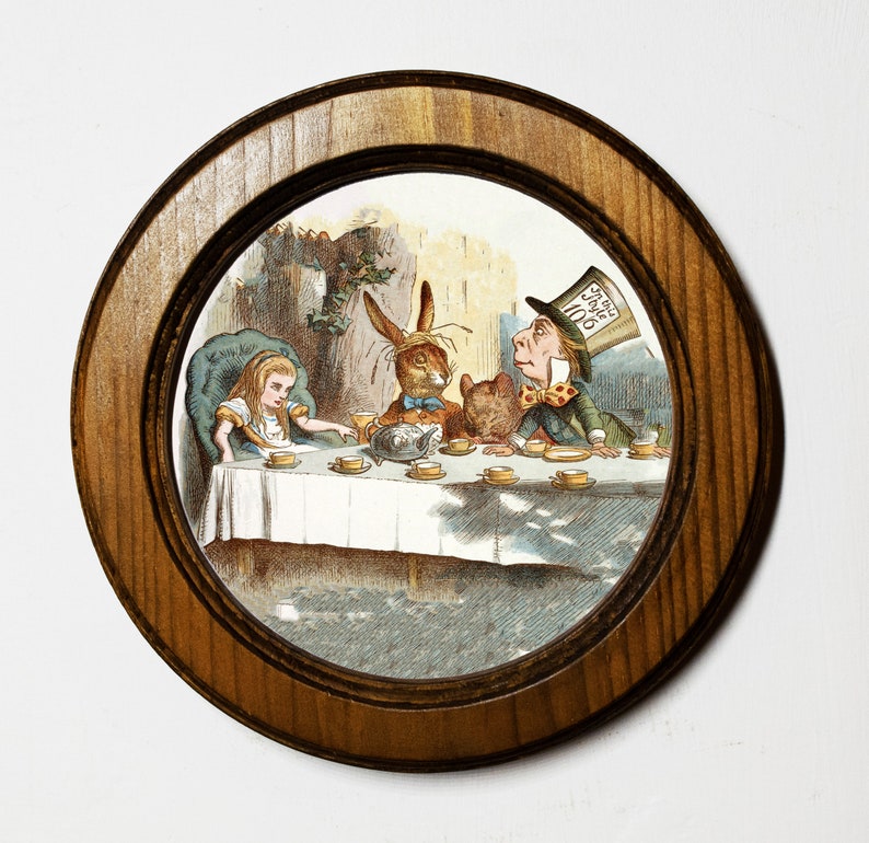 Handmade Alice in Wonderland Round Framed Picture, Art Print Illustration, Light Oak Nursery picture, Wall Hanging, Mad Hatters Tea Party. image 1