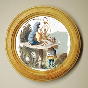 Alice in Wonderland Art Print Illustration, Handmade Wooden Wall Hanging, Pine Framed Picture, Alice meets the Caterpillar