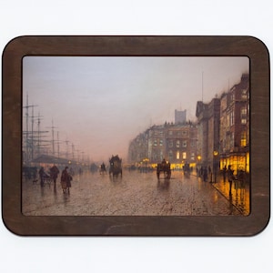 Wappned John Atkinson Grimshaw City Docks Ships Rainy Street Pferdewagen Kirche Klassische Malerei Hölzern gerahmter Kunstdruck
