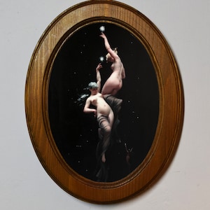 Moonlit Beauties Art Print, Oak Oval Frame, Vintage Style Decor
