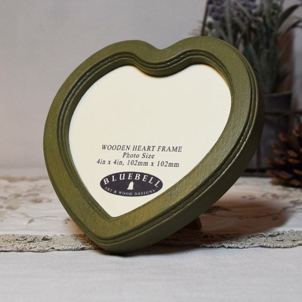 Olive Green 4 x 4 Inch Heart Shaped Handmade Wooden Photo Frame Antique Vintage Style Picture Frame