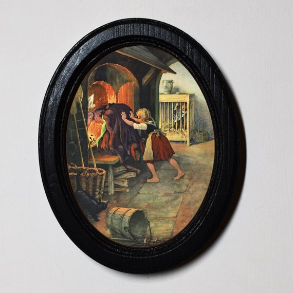 Hansel And Gretel Black Oval Wooden Framed Picture, Gothic Print, Witchy  Wall Hanging, Gretel Pushes the Witch In The Oven.