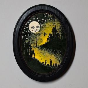 Cuadro enmarcado de madera ovalado negro para colgar en la pared, de Halloween, de 3 x 4 pulgadas, imagen espeluznante, luna de otoño.