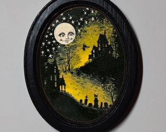 Halloween Black Oval Wooden 3 x 4 Inch Framed Picture Wall Hanging, Spooky Image, Autumn Moon.